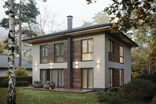 3d rendering of modern cozy house with sitting area and garden in backyard. Luxurious style bungalow on an autumn day.