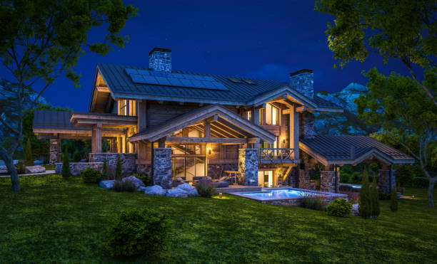 3d rendering of modern cozy chalet in night stock photo