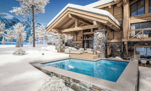 3d rendering of modern cozy chalet in winter day stock photo
