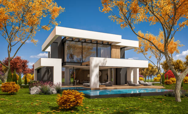 3d rendering of modern house in luxurious style in autumn day stock photo