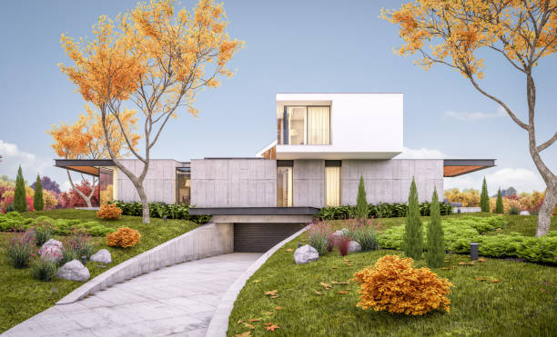 3d rendering of modern house on the hill with pool in autumn evening stock photo