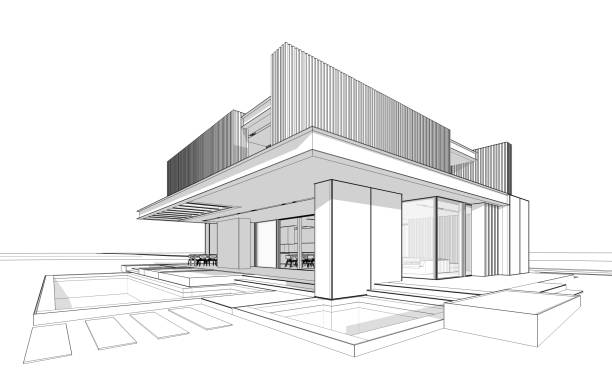 3d rendering of modern house with wood plank facade black line on white background stock photo