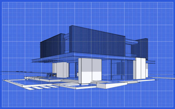 3d rendering of modern house with wood plank facade black line on blueprint background stock photo