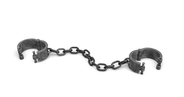 3d rendering of old iron arm shackles on a chain lying open on white background. 3d rendering of old iron arm shackles on a chain lying open on white background. Loss of restrictions. Fight for freedom. Unleashed force. chain object stock pictures, royalty-free photos & images