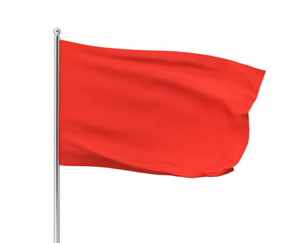 3d rendering of red flag hanging on post and wavering on a white background. stock photo