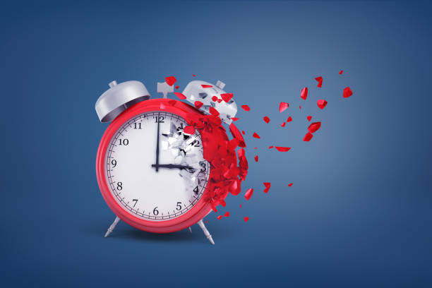 3d rendering of red retro alarm clock starts to destroy and dilapidate from one side with its small pieces flying away. 3d rendering of red retro alarm clock starts to destroy and dilapidate from one side with its small pieces flying away. Loss of time. Destroyed schedule. Precious minutes. wasting time stock pictures, royalty-free photos & images