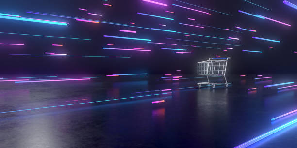 3d rendering of shopping cart and abstract geometric. - store render imagens e fotografias de stock
