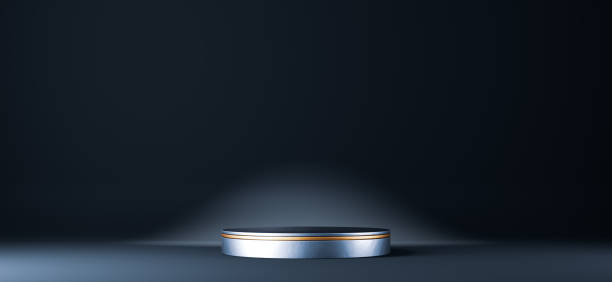 3d rendering of silver pedestal on black background stock photo