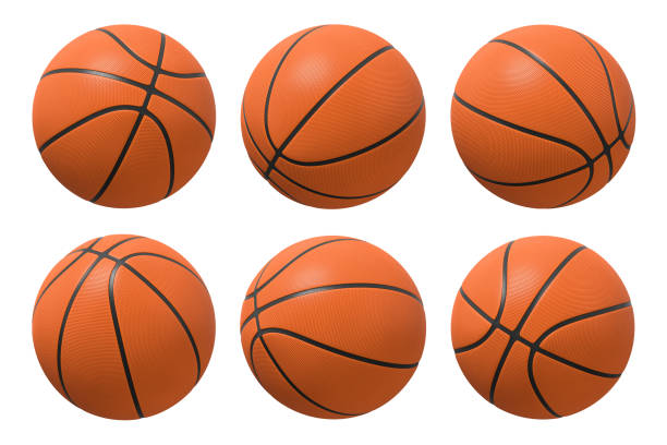 3d rendering of six basketballs shown in different view angles on a white background. stock photo