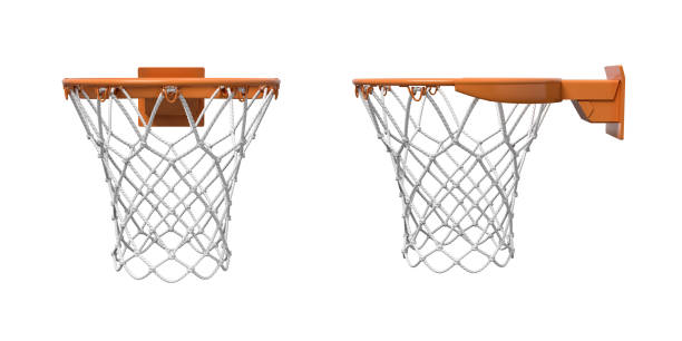 3d rendering of two basketball nets with orange hoops in front and side views. stock photo