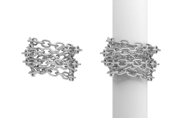 3d rendering of two pieces of steel chains, one curled around a post, and another around itself. 3d rendering of two pieces of steel chains, one curled around a post, and another around itself. Bound by chains. Caught and restrained. Life burdens. chain object stock pictures, royalty-free photos & images