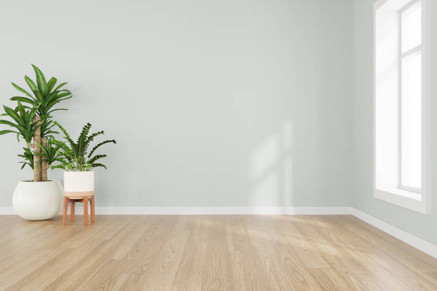 3d rendering of white empty room and wooden floor. Contemporary interior background. stock photo
