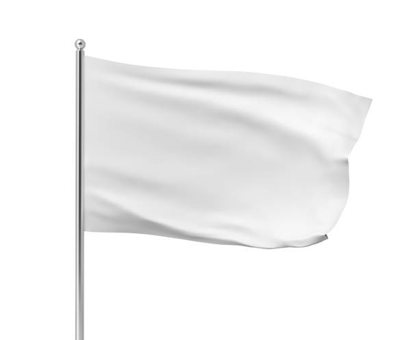 3d rendering of white flag hanging on post and wavering on a white background. stock photo