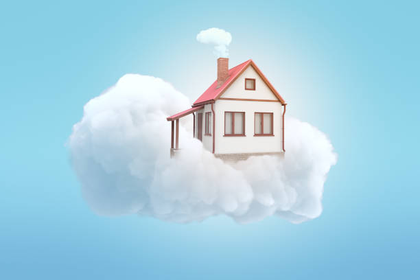3d rendering of white private house on top of white cloud with blue background 3d rendering of white private house on top of white cloud with blue background. Digital art. Cartoon style design. Real estate issues. day dreaming stock pictures, royalty-free photos & images