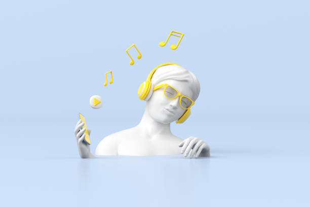 3d rendering of women sculpture is using blue smartphone with yellow headphone, Music concept. stock photo