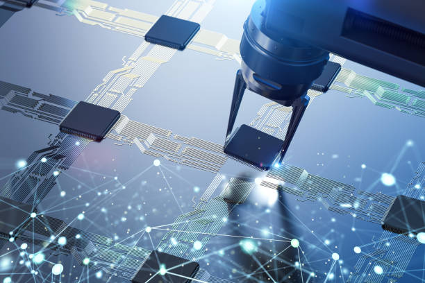 3d rendering robotic arms with chipset for semiconductor manufacturing stock photo