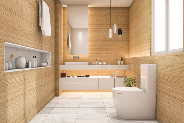 白い木のデザインの3dレンダリング広々とした美しいトイレ - お手洗い ストックフォトと画像