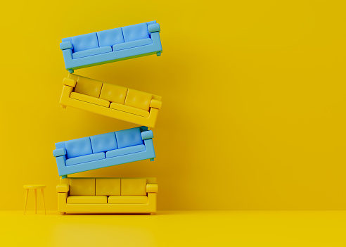 3d rendering stacking blue and yellow sofa on yellow background with copy space for text or message.