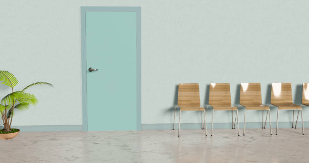 3d rendering - Waiting room of a medical laboratory with chairs, door and plant stock photo