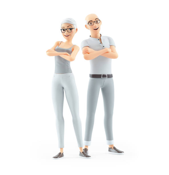 3d senior man and woman with arms crossed stock photo