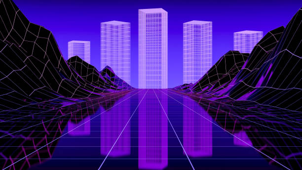 3d synthwave metaverse neon landscape with glowing skyscrapers and grid. Retrowave cyberpunk videogame and electro music concept. stock photo