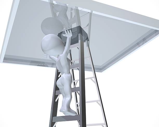 3d woman reaching the glass ceiling stock photo