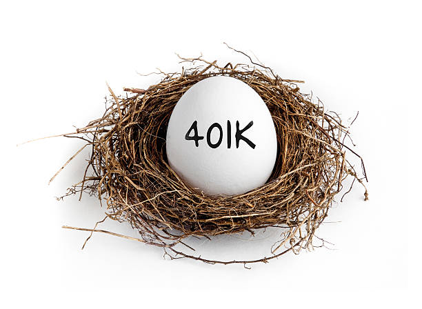 401k - Nest Egg A white egg in a nest on a white background with the word 401K on the egg. 401k stock pictures, royalty-free photos & images