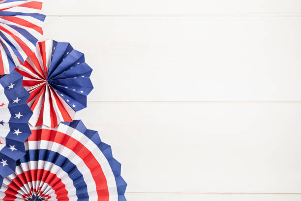 4th of July holiday banner design. USA theme paper fans. Independence, Memorial Day pinwheels stock photo