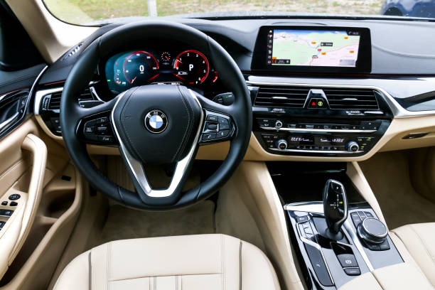BMW 520d Auvergne-Rhone-Alpes, France - March 14, 2019: Interior of the luxury motor car BMW 520d (G30). bmw stock pictures, royalty-free photos & images