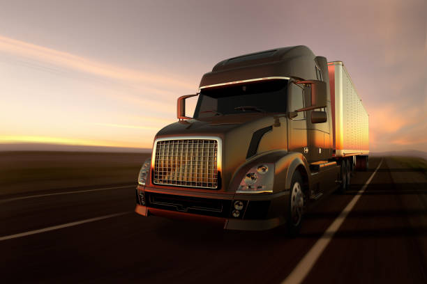 a cargo truck on the road at sunset 3D rendering of a cargo truck on the road at sunset semi truck stock pictures, royalty-free photos & images