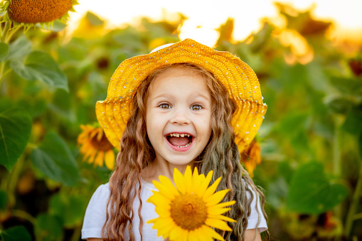 happy little girl laughing in a field with sunflowers in summer