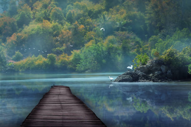 a small dock on the edge of the dream lake stock photo
