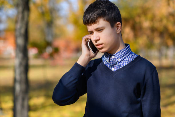 a teenage boy calls on the phone, autumn park, trees with yellow leaves on a bright sunny day stock photo