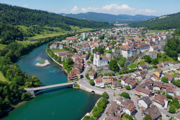 Aarburg aerial view of Aarburg, an idyllic village along the Aare River in Switzerland aargau canton stock pictures, royalty-free photos & images