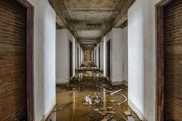 Abandoned buildings were flooded. stock photo