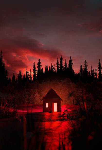 Abandoned Cabin In A Mysterious Forest stock photo