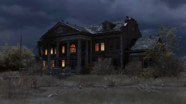 Abandoned eerie manor with illuminated windows under a dark cloudy sky. 3D render. stock photo