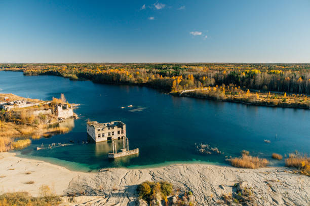 Abandoned Rummu quarry from above view, Harju county Autumn landscape by sunset estonia stock pictures, royalty-free photos & images