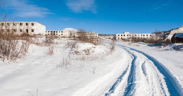 Abandoned settlement in Northern Kolyma winter view stock photo