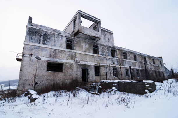 Abandoned settlement winter view stock photo