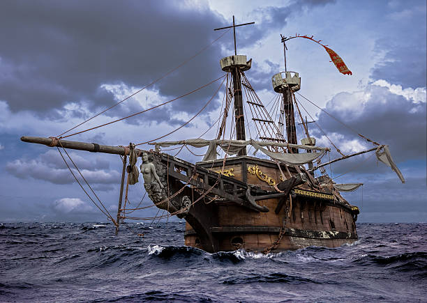 Abandoned ship at the sea old abandoned wooden sailboat floating on the rough sea galleon stock pictures, royalty-free photos & images