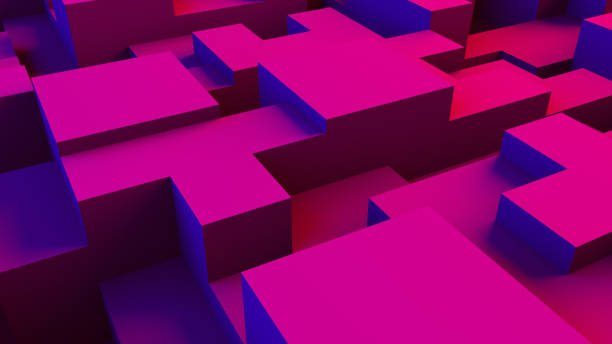 abstract 3d geometric shapes cube blocks background with neon lights - planear obras vermelho imagens e fotografias de stock