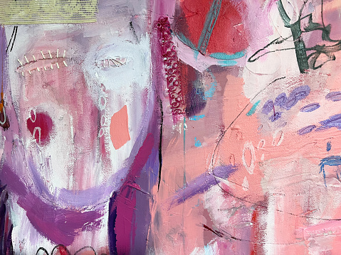 Details from abstract acrylic assemblage painting on canvas as a Background. The image is representing a woman face with two eyes and without mouth. Eyes are made with a special hand sewing technique.