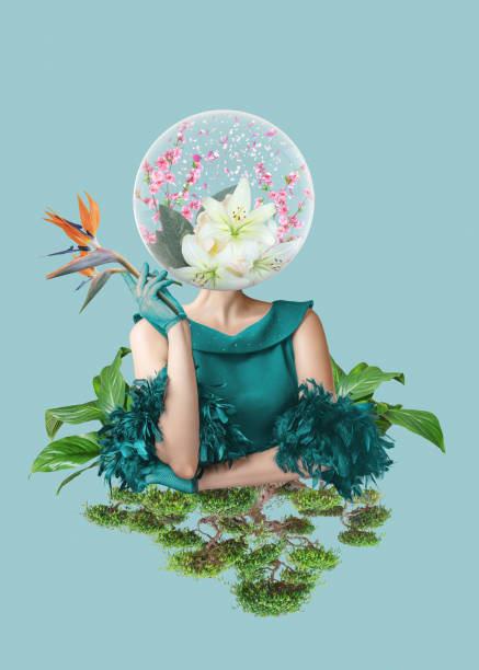 Abstract art collage of young woman with flowers Abstract contemporary art collage portrait of young woman with flowers on face hides her eyes surreal photos stock pictures, royalty-free photos & images