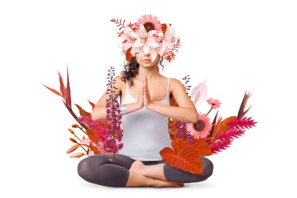 Abstract art design of young woman doing yoga with flowers around body stock photo