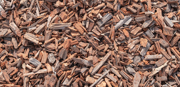 Abstract background texture of natural wood shavings. Wooden pieces on ground.