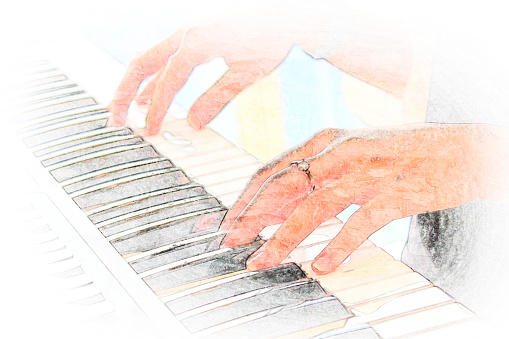 抽象的な美しい手アート水彩画背景のピアノの前景のキーボードやデジタル イラスト ブラシを再生します 1人のストックフォトや画像を多数ご用意 Istock