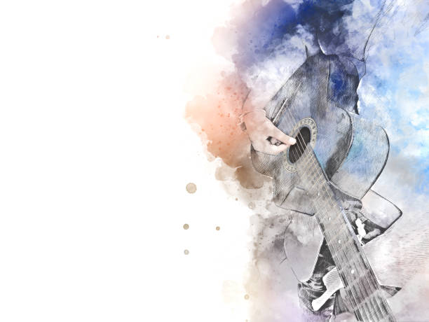 Abstract beautiful playing acoustic Guitar in the foreground on Watercolor painting background and Digital illustration brush to art. stock photo