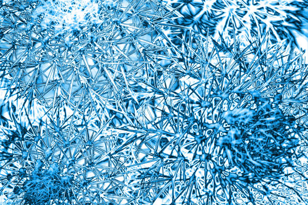 abstract blauw ijs stekelige spikes achtergrond, ijzige naalden, ijzige gloeiende stekels textuur, koude glanzend prikkeldraad oppervlak, creatieve bevroren stekelige patroon, doornen behang, sprankelende winter fantasie ornament - needle spiking stockfoto's en -beelden