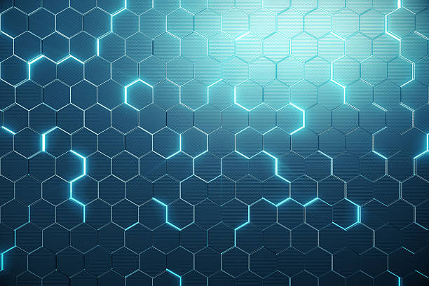 Abstract blue of futuristic surface hexagon pattern with light rays stock photo